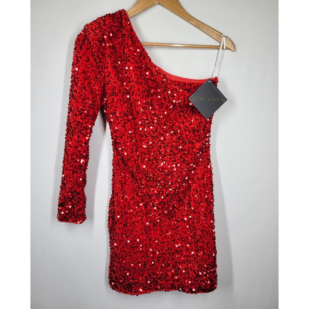 Love & Lemonade Red Sequin One Shoulder Bodycon Dress Size Medium
